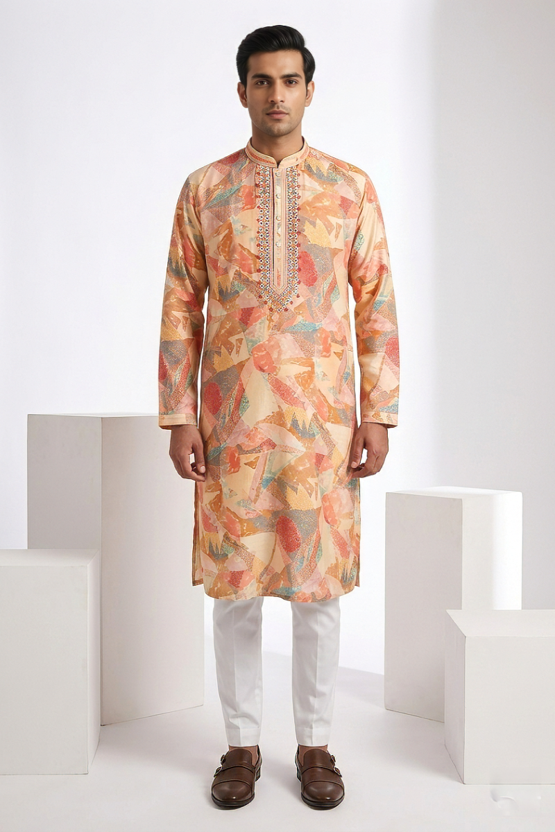 Multi colour printed kurta top with neck embroidered