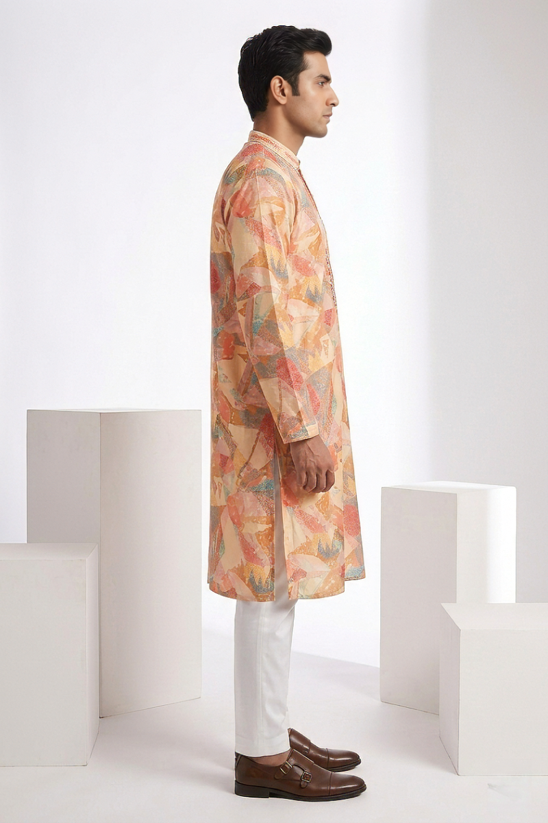 Multi colour printed kurta top with neck embroidered