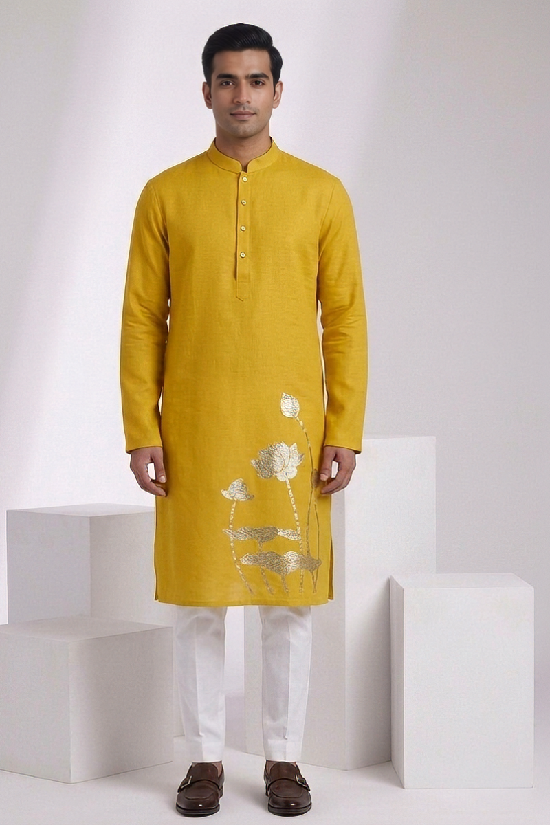 Yellow colour kurta top with sleeves with lotus and hummingbird details