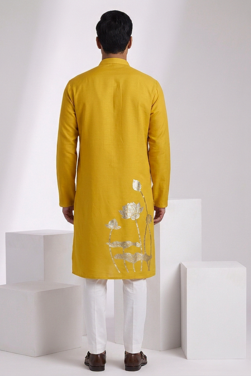 Yellow colour kurta top with sleeves with lotus and hummingbird details