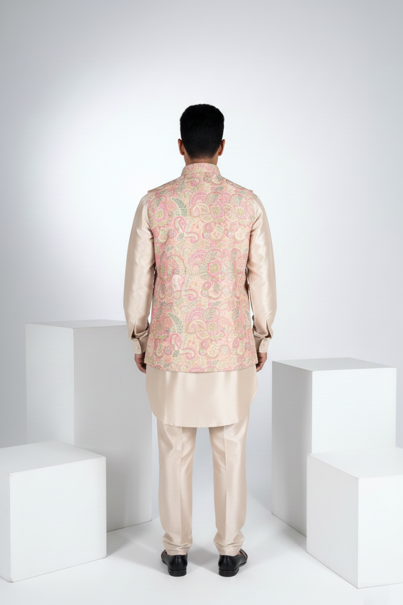 Peach coloured plain kurta set with printed colourful bundi