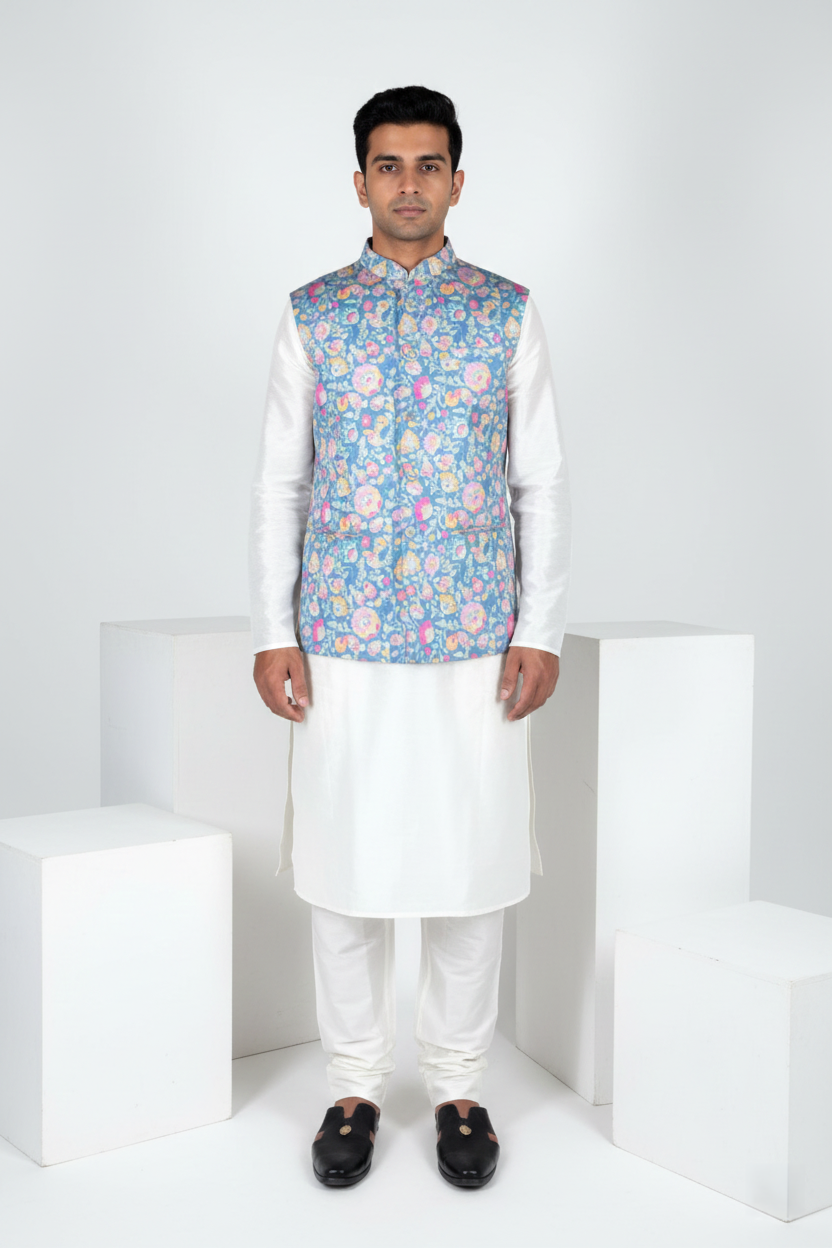 Teal blue colour with printed floral design bundi