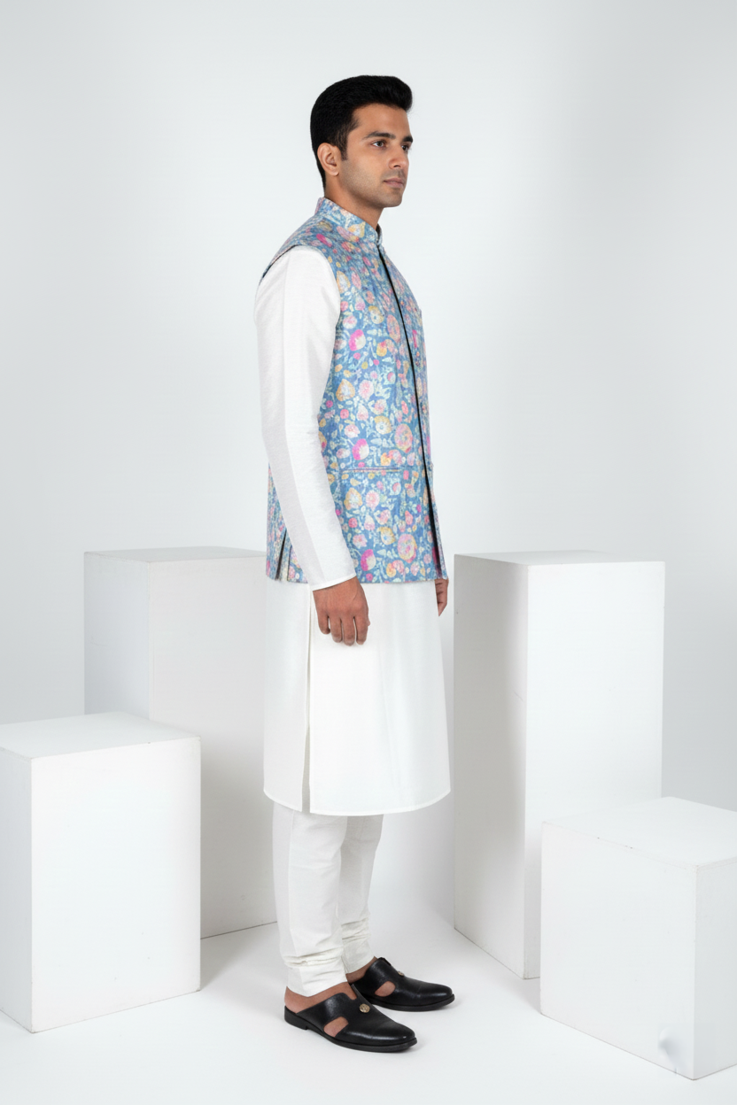 Teal blue colour with printed floral design bundi