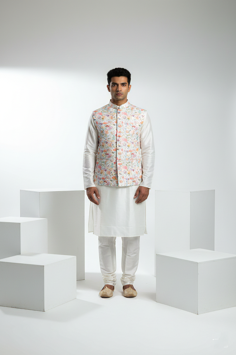 Cream colour printed floral design bundi