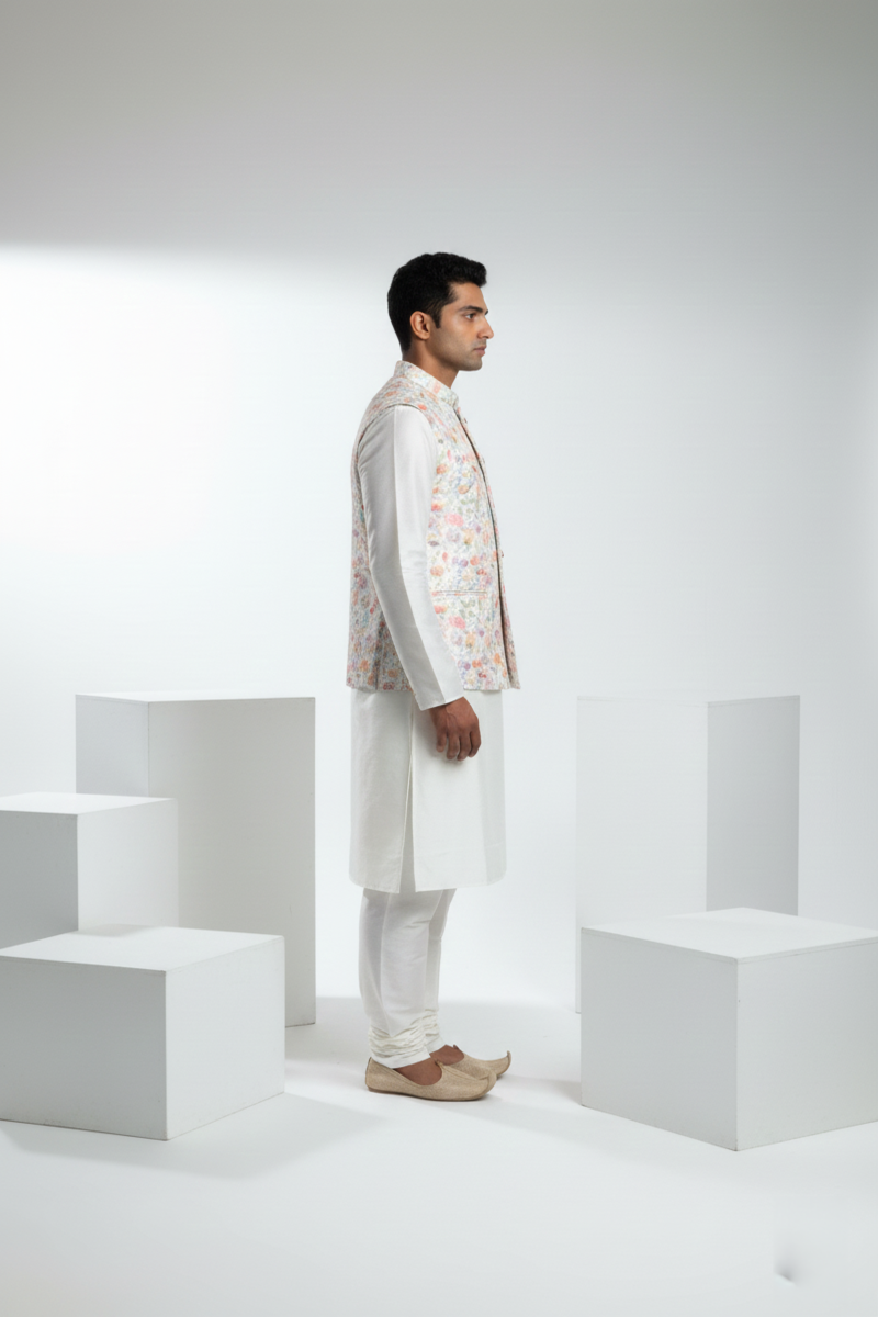 Cream colour printed floral design bundi