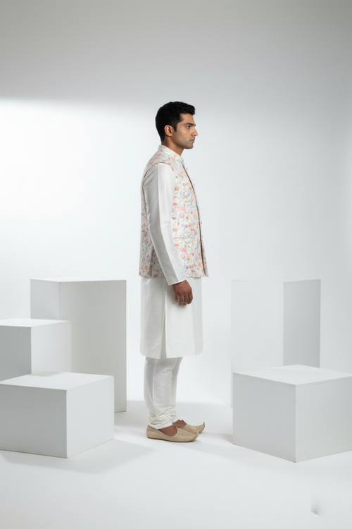 Cream colour printed floral design bundi