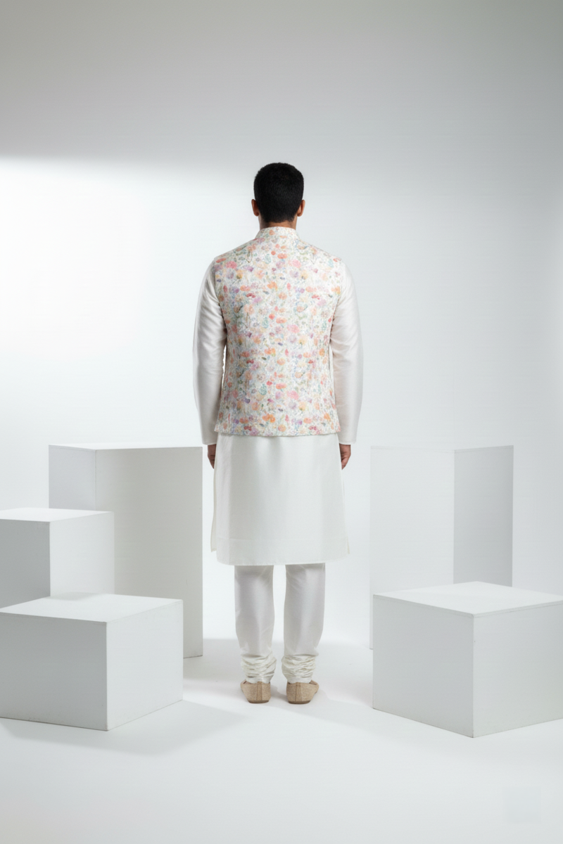 Cream colour printed floral design bundi