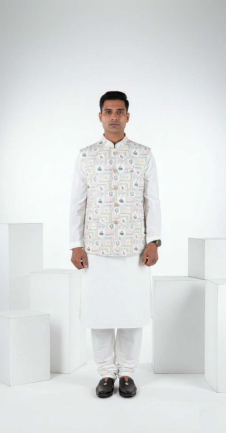 Printed ethnic bundi with a mandarin collar