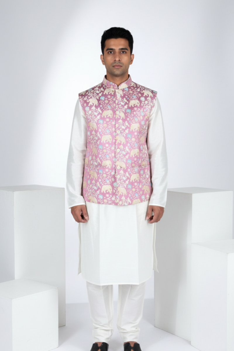 Onion colour half sleeves printed bundi