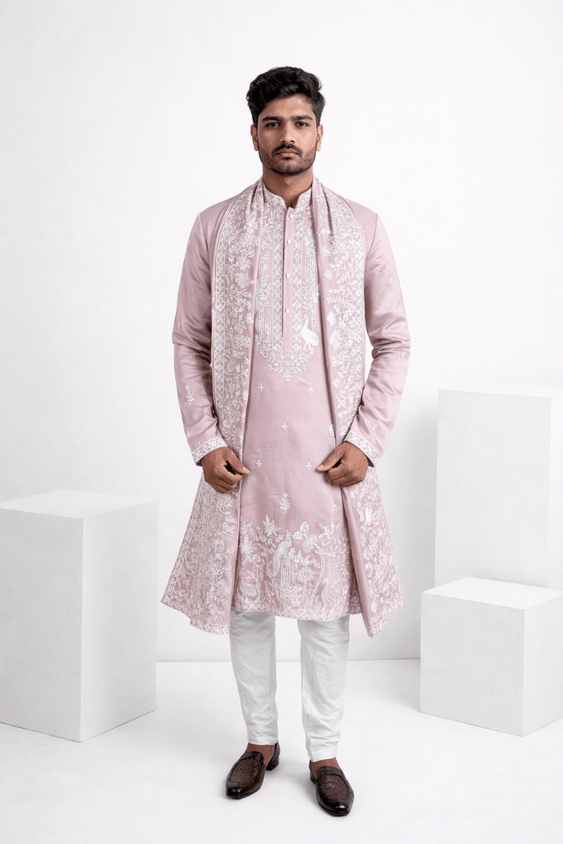 Lilac colour kurta with thread work and dupatta