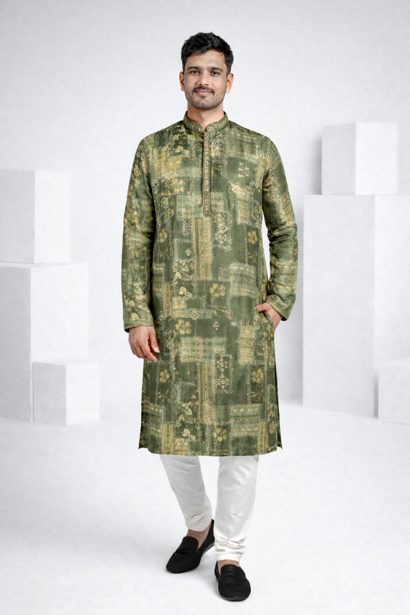 Mehndi colour print  kurta top with collar and minimal work around neck