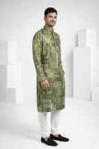 Mehndi colour print  kurta top with collar and minimal work around neck
