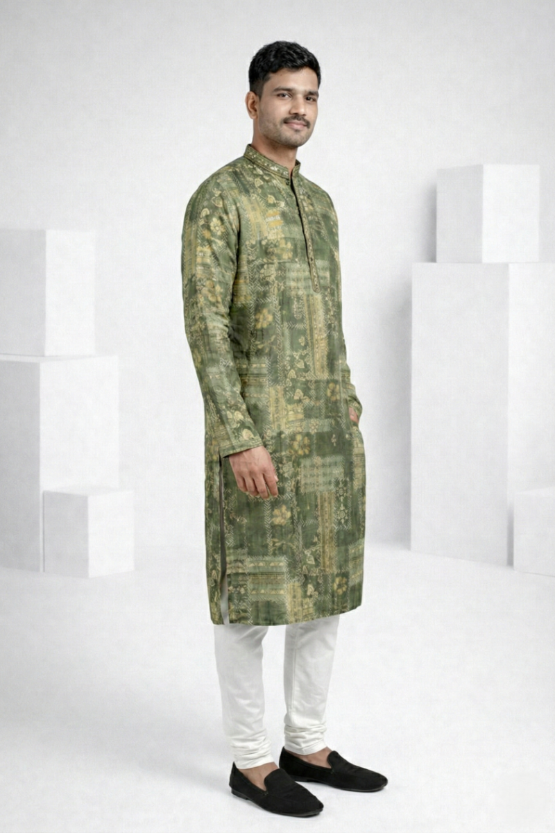 Mehndi colour print  kurta top with collar and minimal work around neck