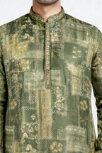 Mehndi colour print  kurta top with collar and minimal work around neck