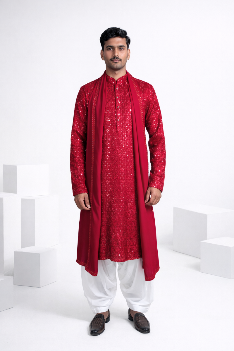 Rani colour kurta top and dupatta with allover thread and mirror work