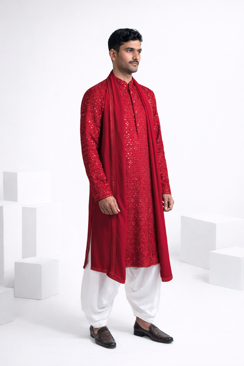 Rani colour kurta top and dupatta with allover thread and mirror work