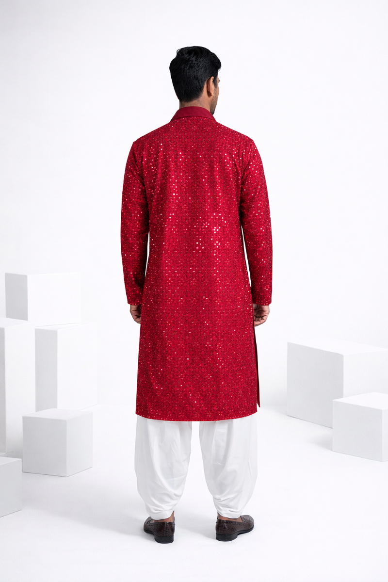 Rani colour kurta top and dupatta with allover thread and mirror work