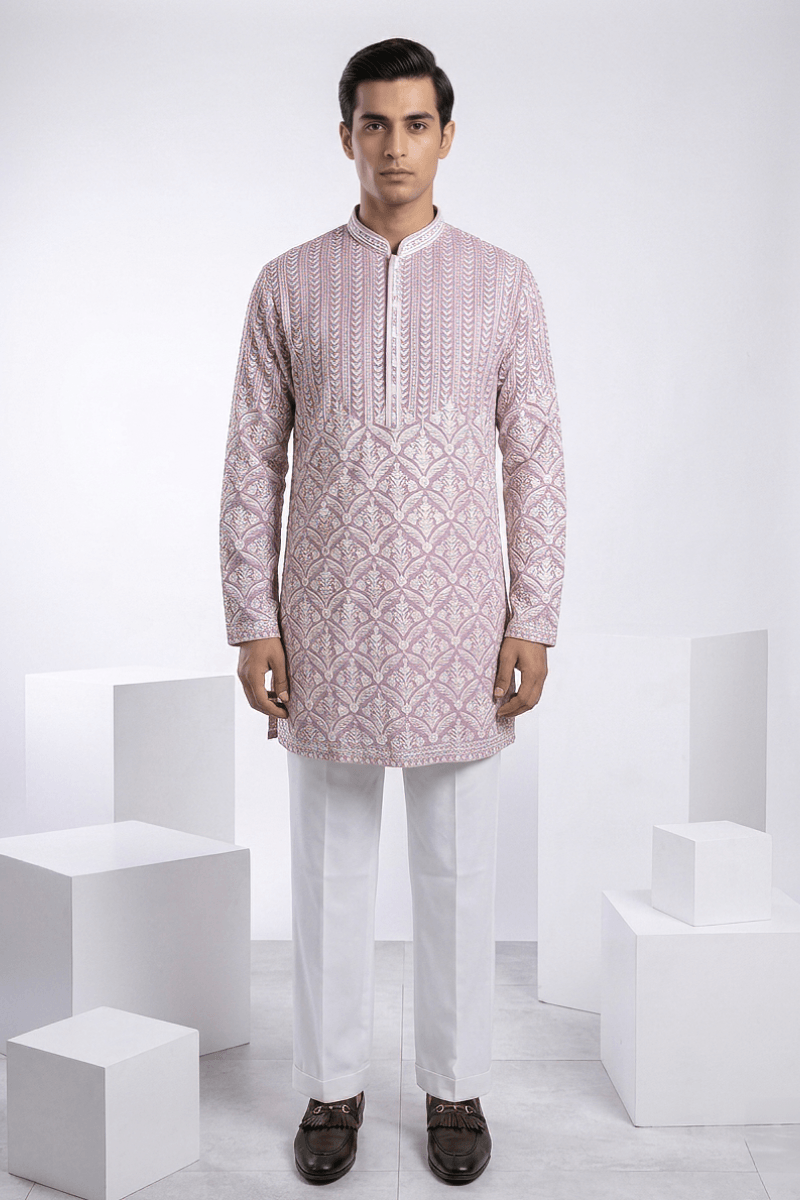 Lilac colour mirror work and embroidered kurta top