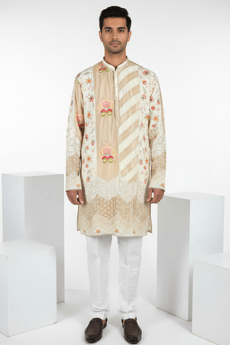 Cream cotton kurta set with mandarin collar and floral print minimal embroidery