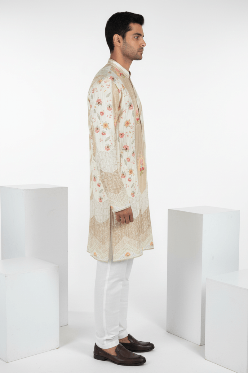 Cream cotton kurta set with mandarin collar and floral print minimal embroidery
