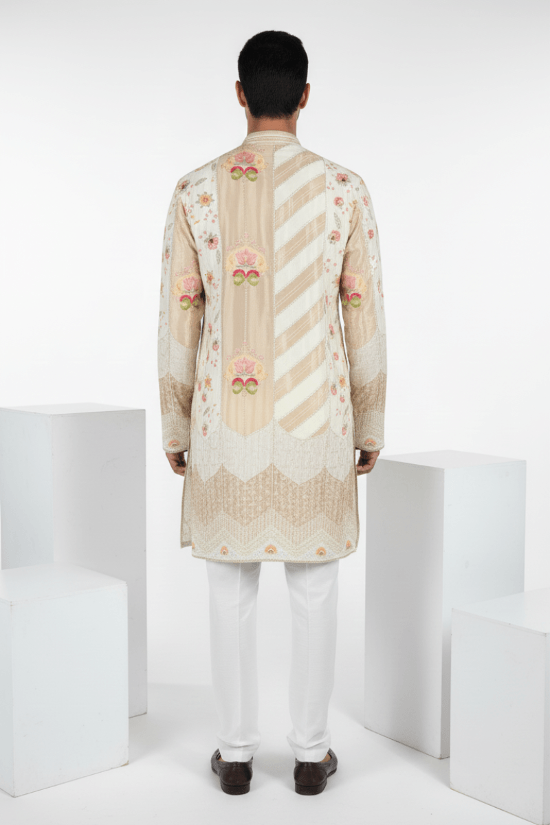 Cream cotton kurta set with mandarin collar and floral print minimal embroidery