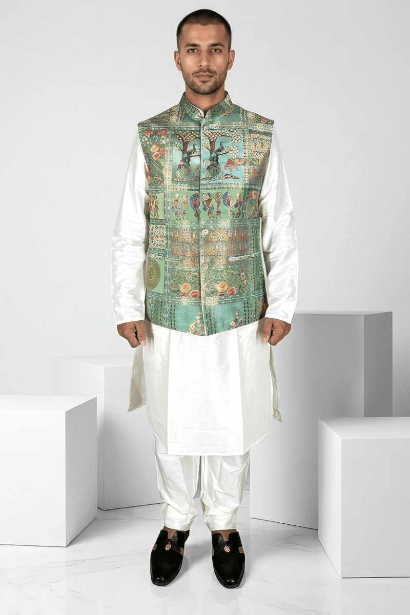 Green colour printed floral design bundi