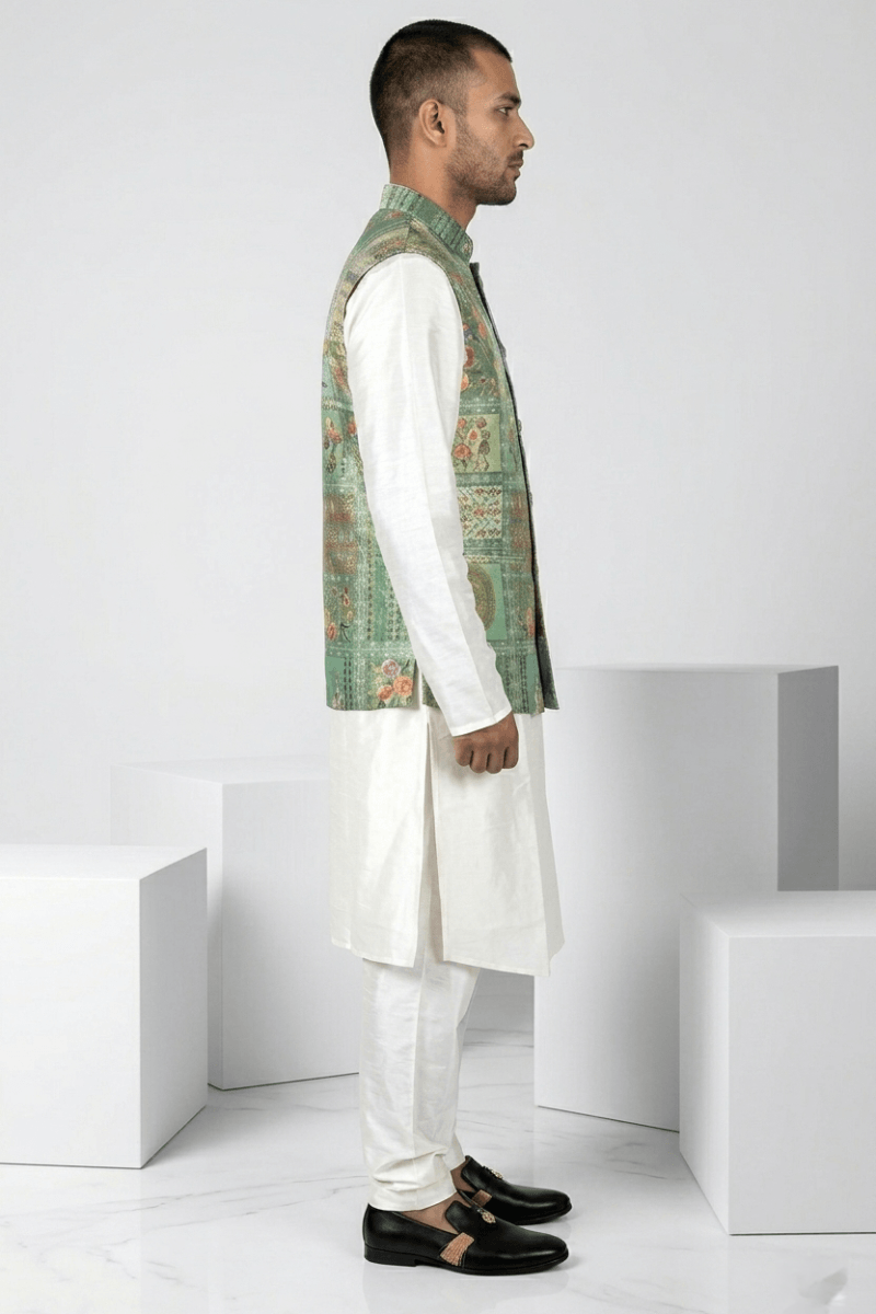 Green colour printed floral design bundi