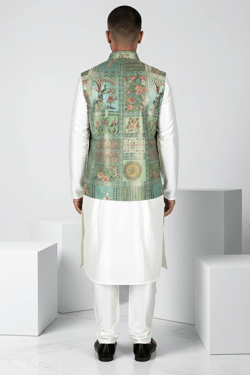 Green colour printed floral design bundi