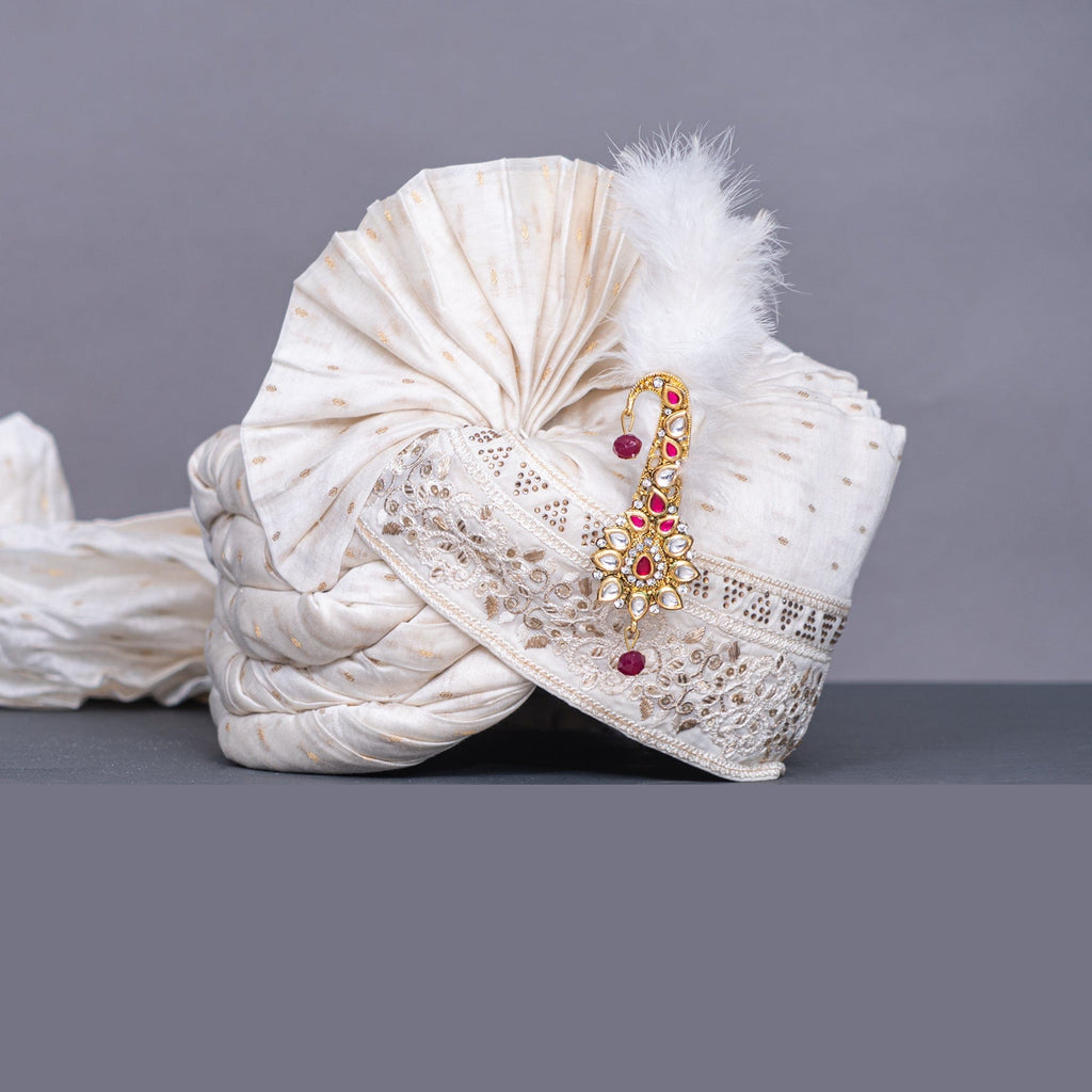 White chanderi fabric with butti and white border and stone | Raaya