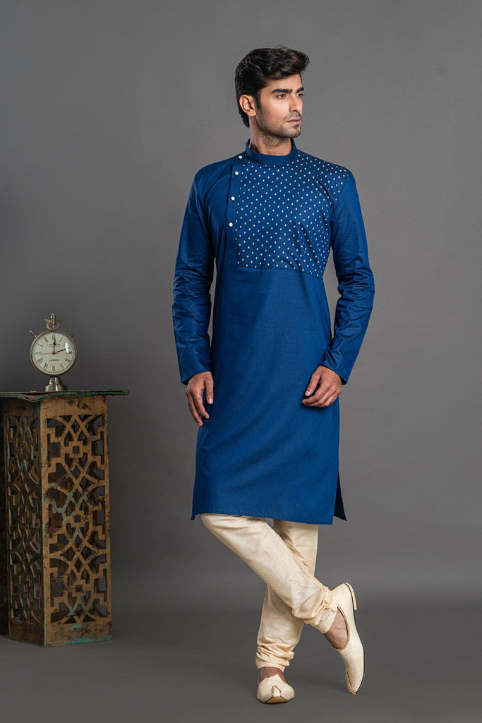 Stylish blue kurta for men with a unique side-opening design