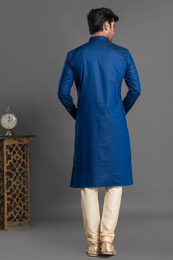 Men's blue side-opening kurta with a printed patch