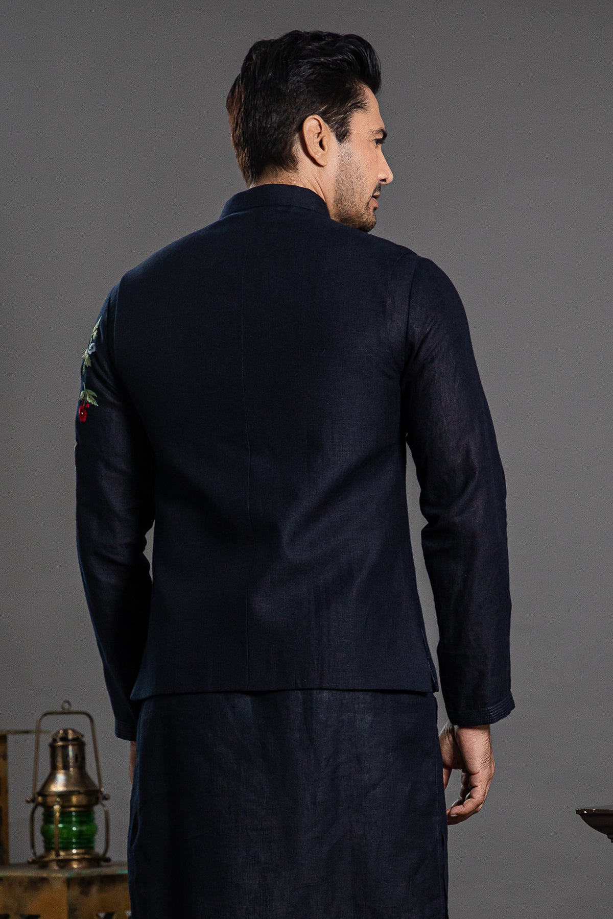 Navy blue linen kurta jacket set – - Main Image
