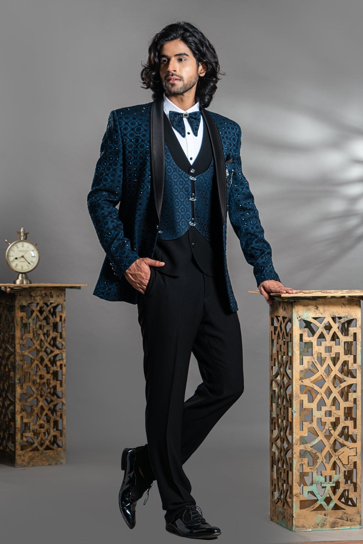 Buy Dark Peacock Blue Cutdana Embroidered Italian Classic Suit Online |  Samyakk