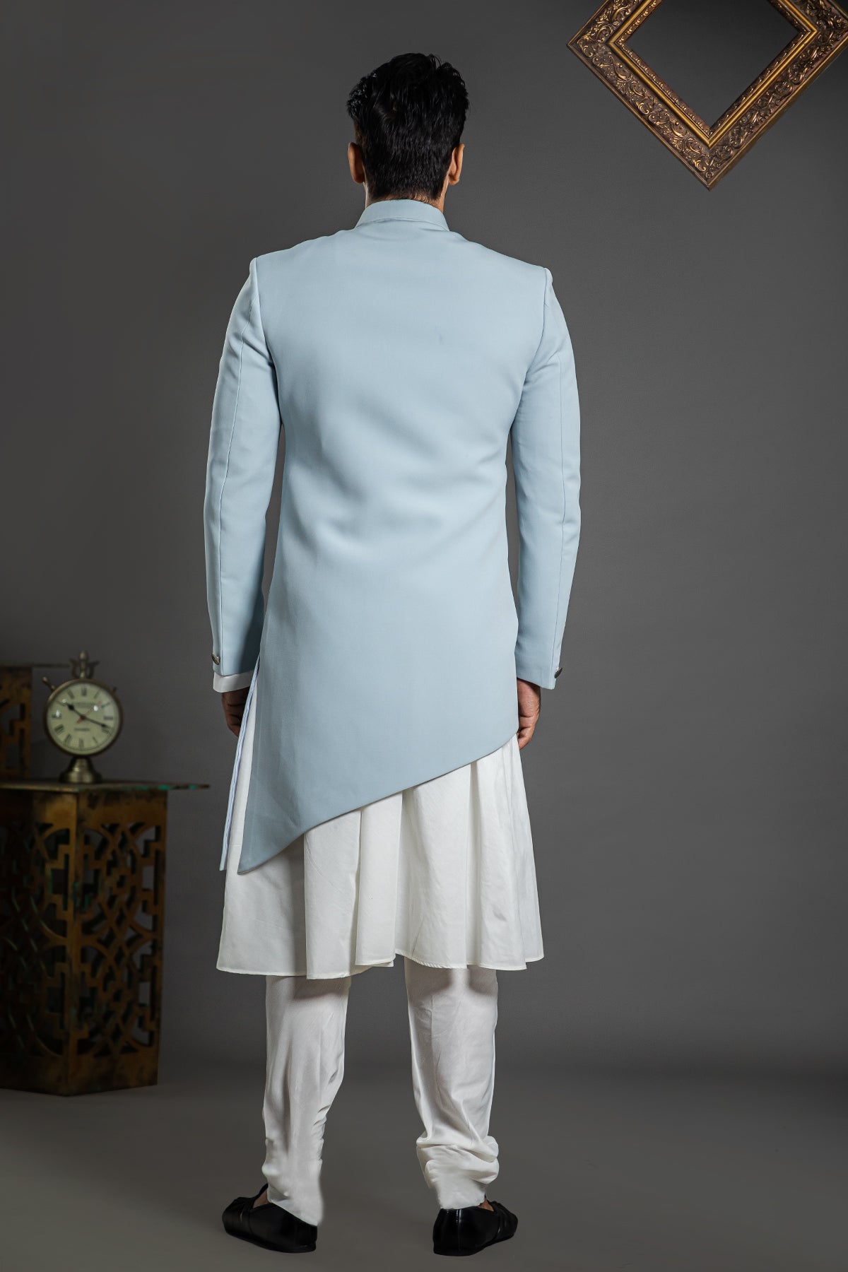 Blue Jacquard Silk Wedding Wear Indo Western Sherwani